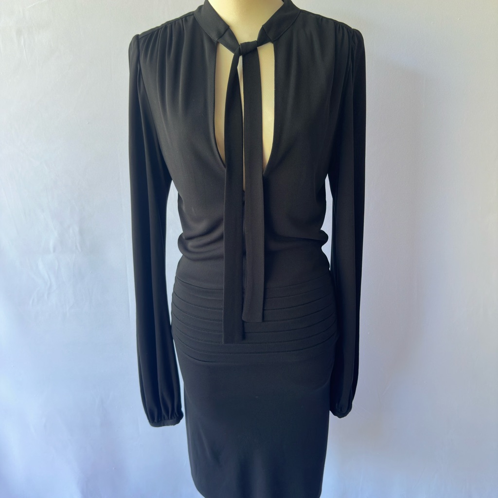 Black Halo Medium Long Sleeve Tie Neck Knee Length Pleated Sheath Dress